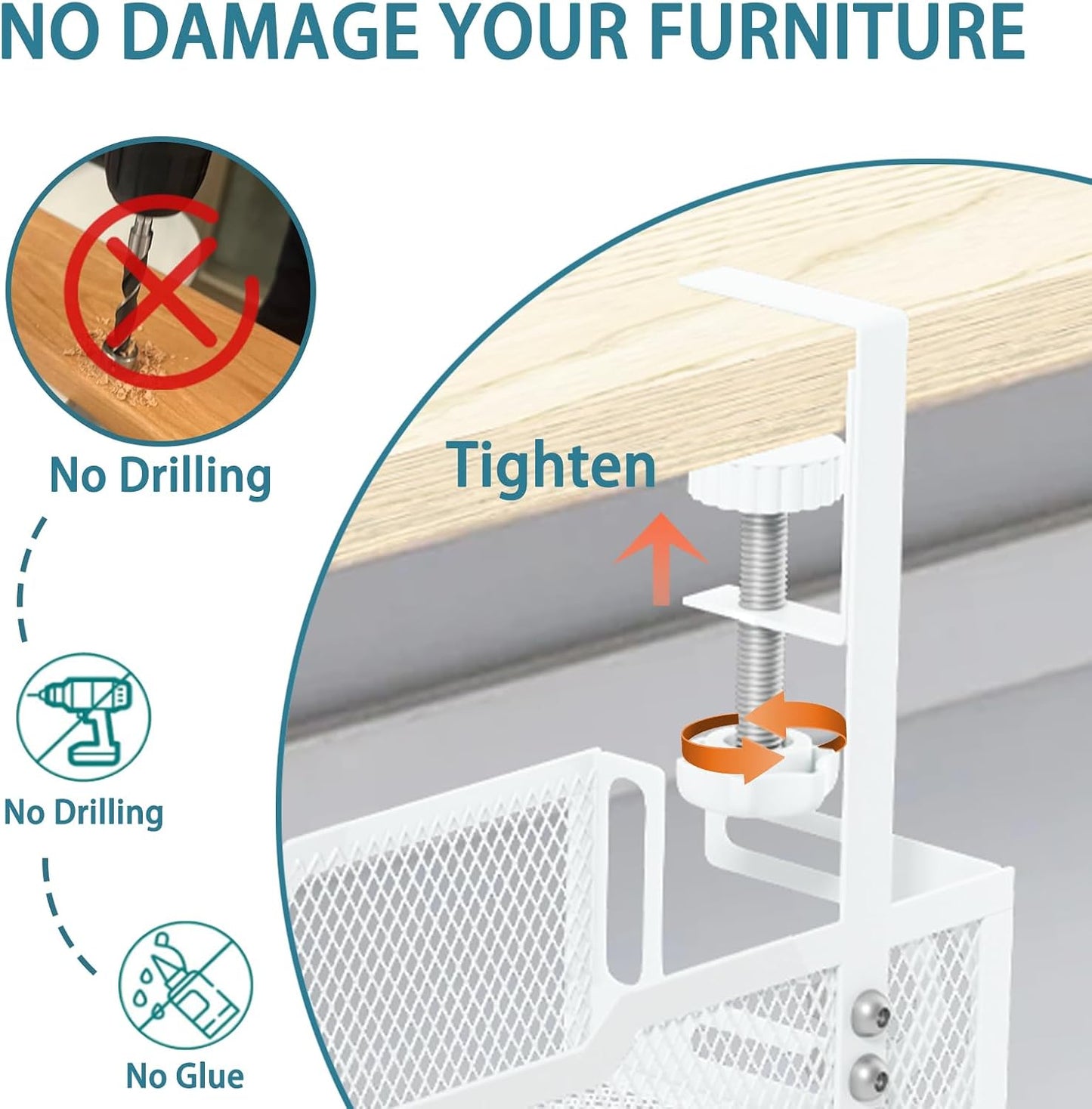 Under Desk Cable Management Tray, No Drill Mesh Desk Cable Tray, Wire Management Tray Cable Management Rack, Cord Organizer and Cable Management Box (White)