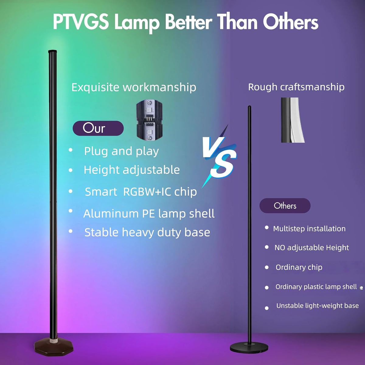 LED RGB Corner Lamp - Smart RGB LED Corner Floor Lamp Adjustable Height with 16 Millon RGBWIC Color Changing Lights 300+ Scene,Music Sync&Timer,Ambient Lighting for Living Room,Bedroom,Game Room
