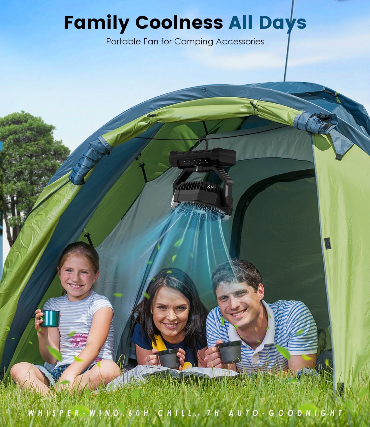 Camping Fan Rechargeable, 24000mAh Battery Powered Fan with LED Light, Hook | Portable Fans, 8-60H, 4 Speed, Timer, Sleep Mode, Camping Gear, Travel Essentials, for Tent, RV, Outdoor, Garage, Emergency