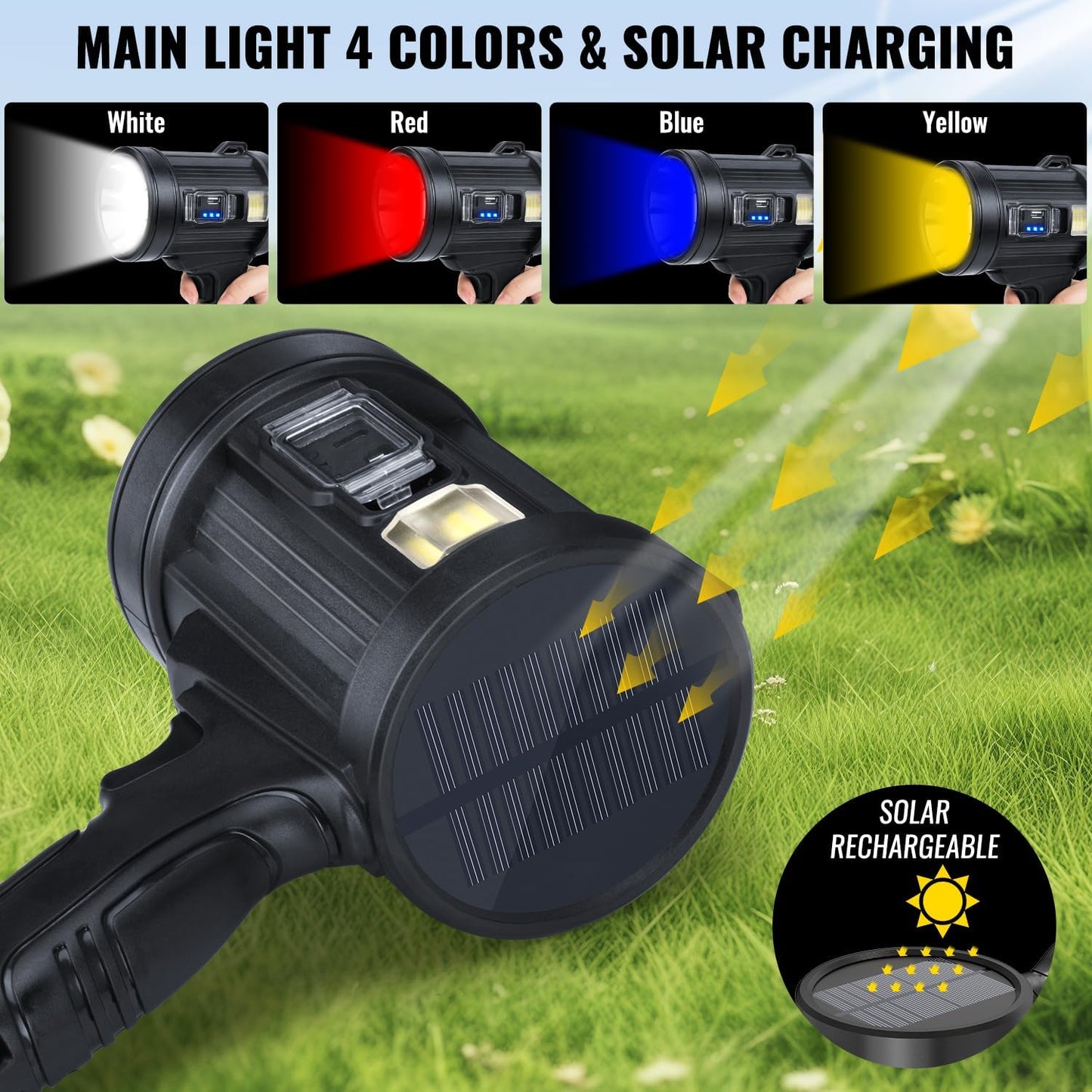 Sigoobal Rechargeable Spotlight,2000000 LM Super Bright Handheld Spot Light LED Flashlight High Lumens,Powered Spotlight Large Searchlight Outdoor with Solar Panels for Boating Camping Hunting