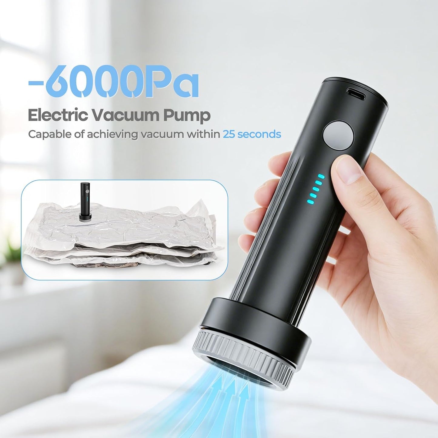 HOMOH Cordless Electric Vacuum Pump for Storage Bags, Portable Type-C Charging Travel Vacuum Bags with Pump for Clothing, Vacuum Storage Bags