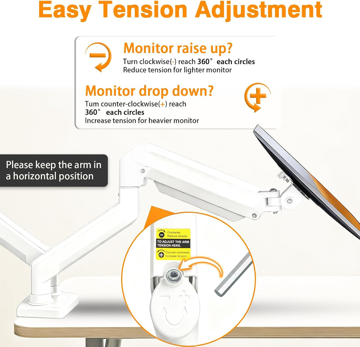 Dual Monitor Arms, Gas Spring Monitor Arms for 2 Monitors up to 34" Curved/Flat, 22lbs per Arm, VESA Mount 75x75 100x100mm, C-Clamp & Grommet Base, Adjustable Tilt/Swivel/Rotation White