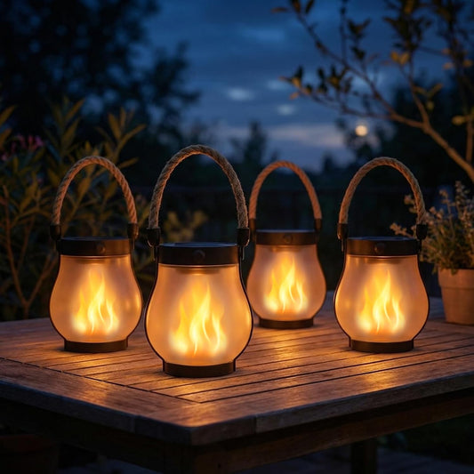 Solar Lanterns Outdoor Waterproof 4-Pack, Flickering Flame Effect | Rechargeable lanterns with USB-C charging, a decorative hanging design, and dusk-to-dawn use for patios, porches and gardens