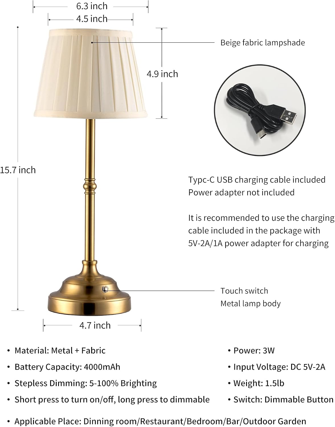 KDG Gold Cordless Portable LED Table Lamp, Beige Fabric Shade Desk Lamp | 4000mAh Rechargeable Battery Powered Lighting, Dimmable Light for Dining Room, Bedroom, Bedside, Night Light, Balcony