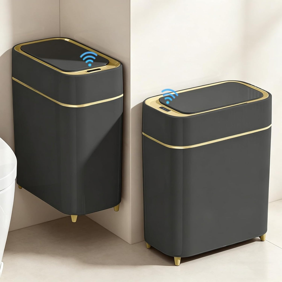 2-Pack Automatic Bathroom Trash Can with Lid, Slim Motion Sensor Garbage Can, Waterproof Touchless Trash Bin, Smart Trashcan for Bedroom, Living Room, Narrow Space, 2.3 Gallon, White+Gold Trim