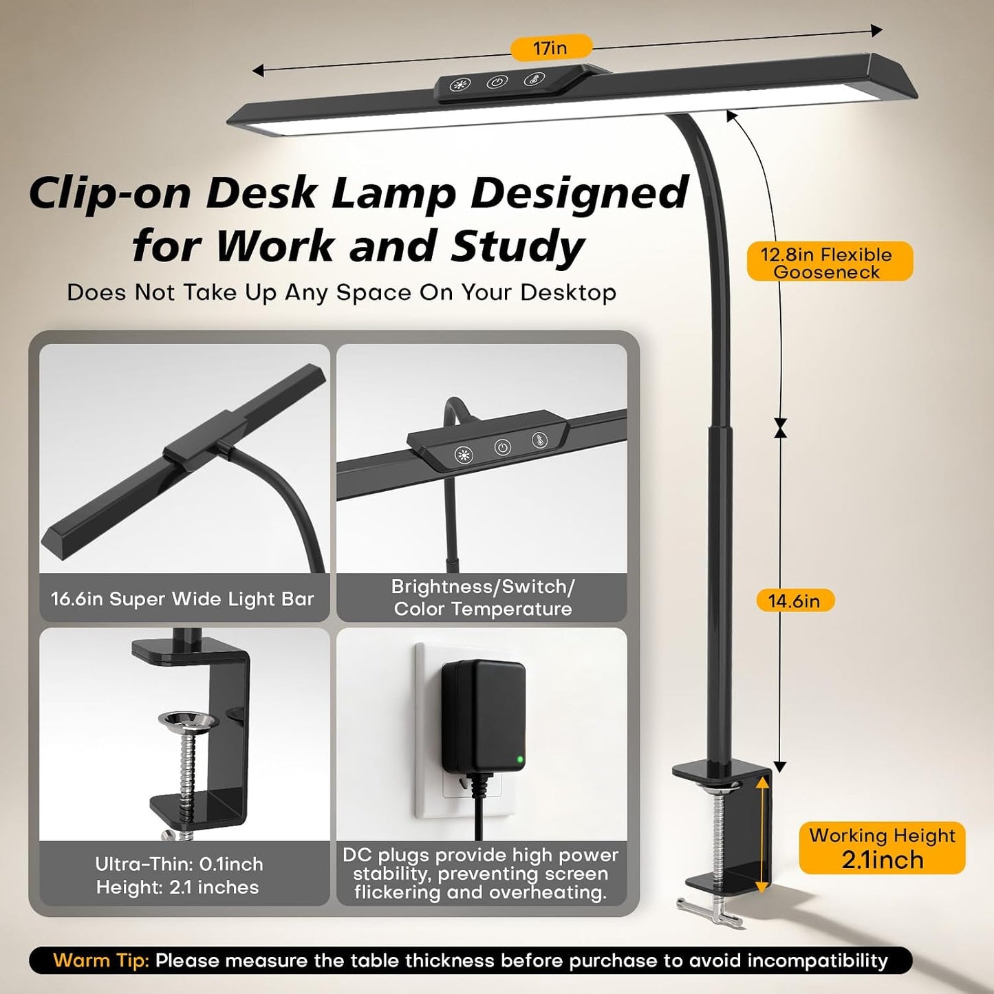 LED Desk Lamp for Office Home, Stepless Dimming Architect Desk Light with DC Adapter, Eye-Caring Desk Lamp with Clamp, 25 Lighting Modes Adjustable 12.8in Flexible Gooseneck for Workbench(Black)