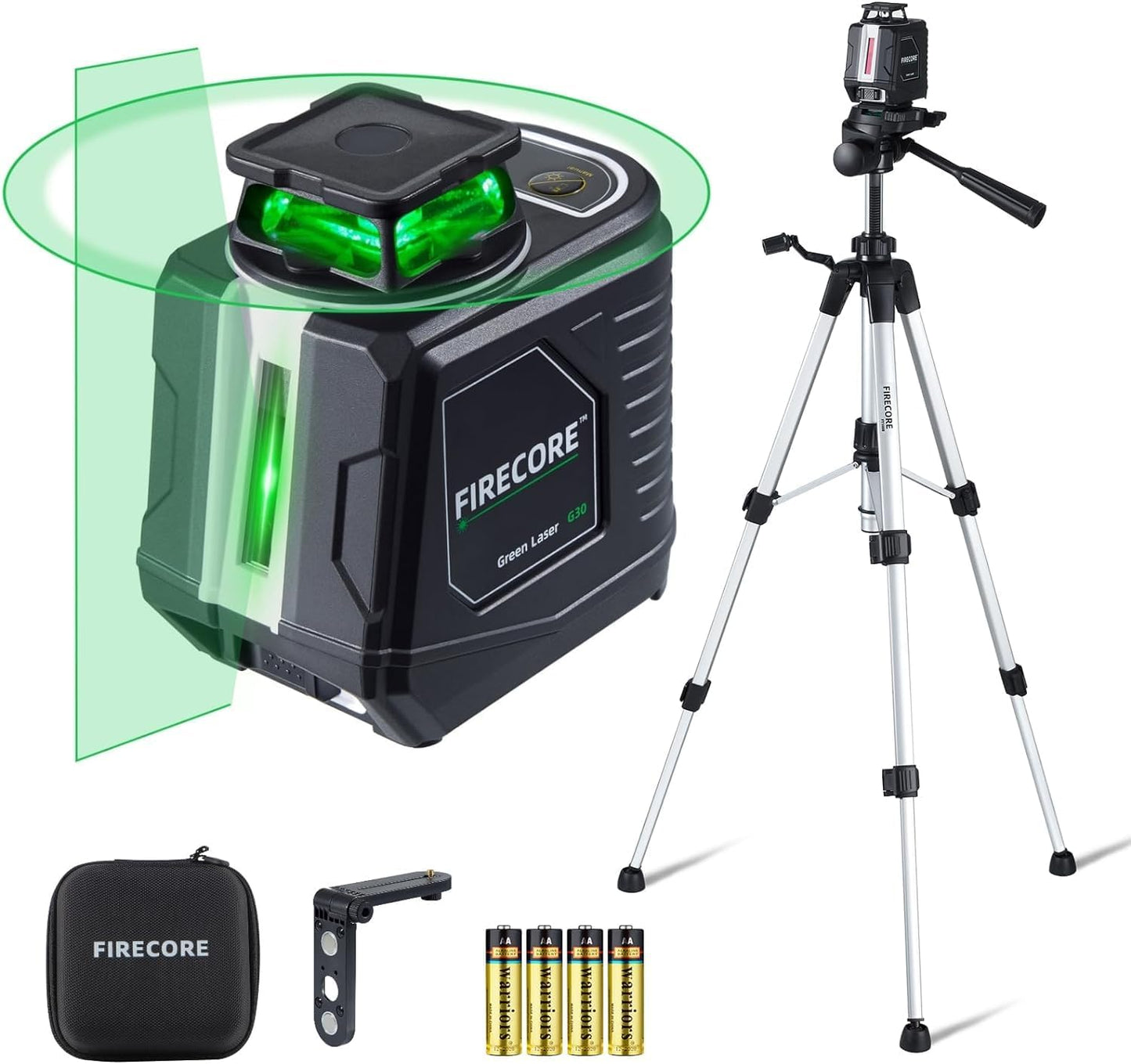Firecore 360° Laser Level with Tripod, 100Ft Self Leveling Laser Level Green Cross Line Laser Leveler Tool for Picture Hanging Wall Tile Floor Construction, 60" Compact Tripod & Carry Pouch Included