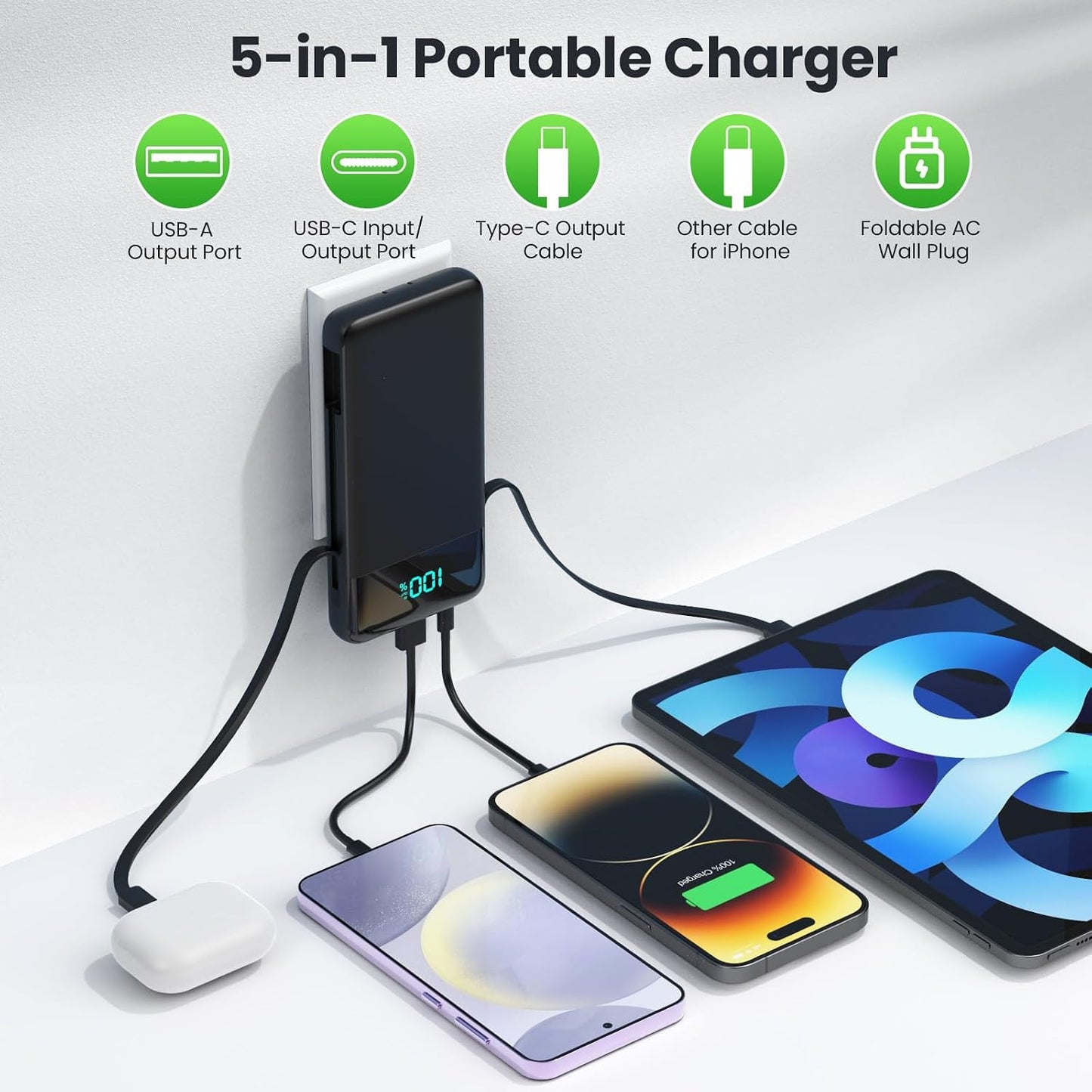 Portable Charger with Built-in AC Plug and Cables,13800mAh All in One USB C Fast Charging Power Bank,Travel Essentials Portable Phone Charger Battery Pack for iPhone 17/16/15/14/13,Galaxy,Android etc