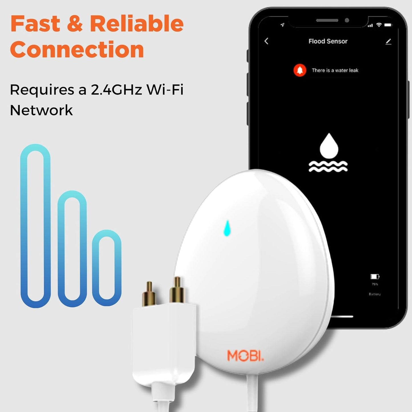 MOBI Smart WiFi Water Leak Detector, App Alerts, Flood Sensor Alarm with 48” Extension Probe, No Hub Required, 24/7 Monitoring for Basement, Kitchen, Bathroom