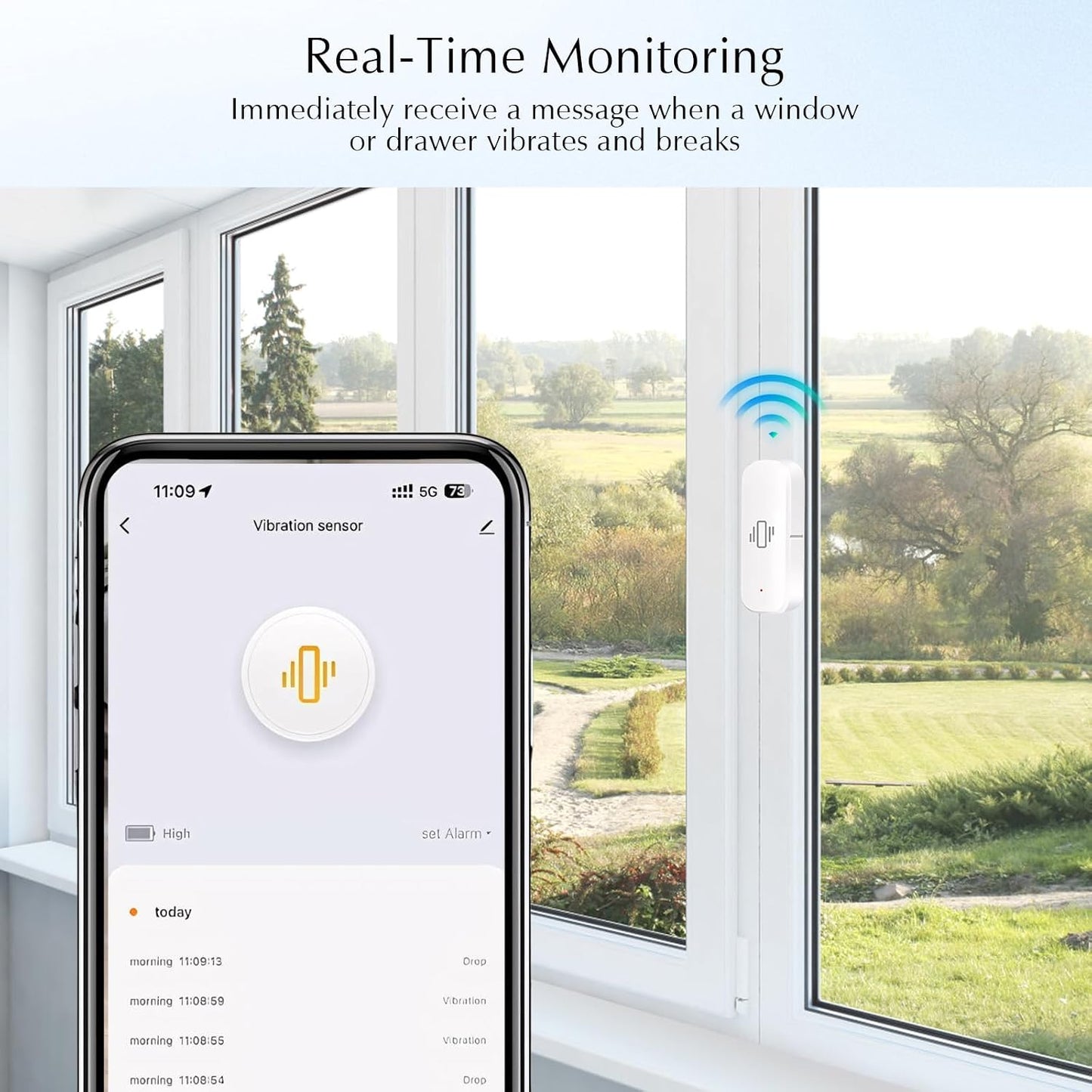 WiFi Vibration Sensor, Smart Window Alarm Sensors, Tuya APP Remotely Receives Notifications with Adjustable Sensitivity, for Window Security Door Alarm Home Assistant