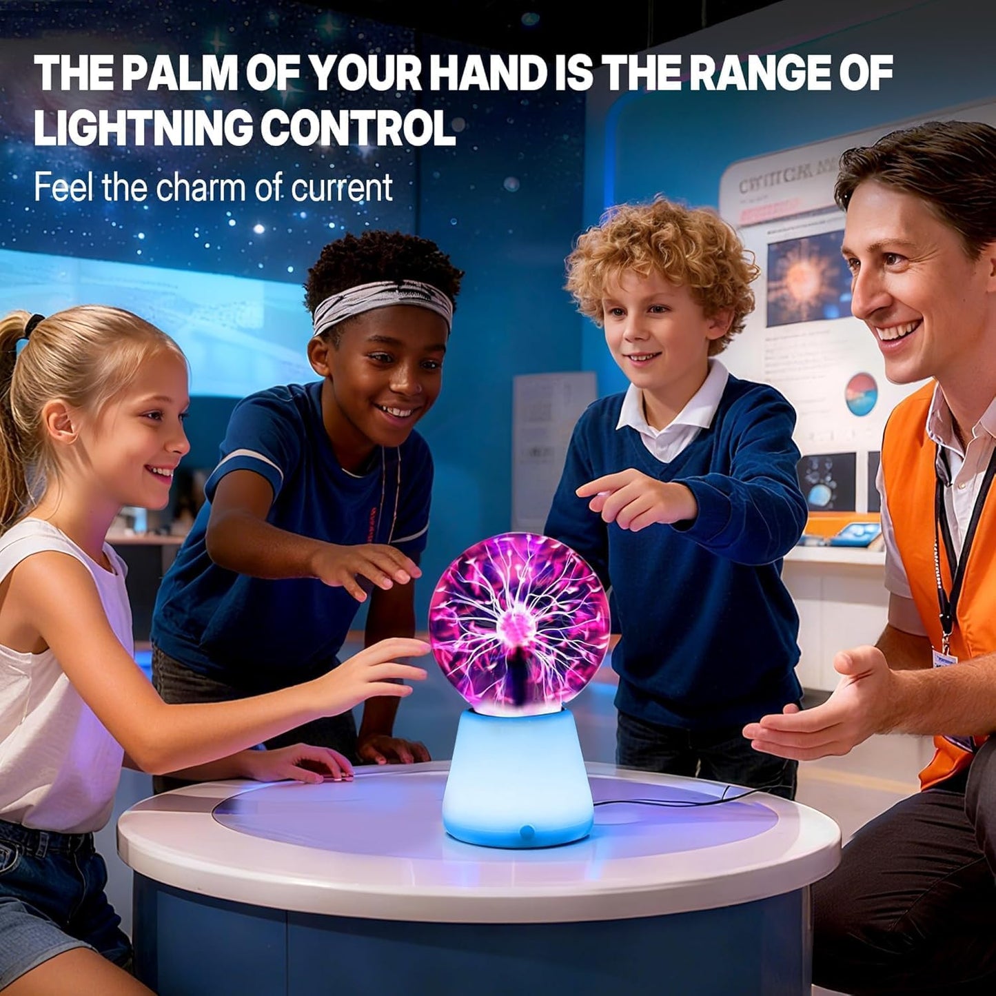 Plasma Ball Lamp 3-Inch, Touch Reactive Lightning Globe, USB-C Powered Electric Plasma Ball, 7-Color LED Base Night Light, Interactive STEM Science Toy, Desk Decor Gift
