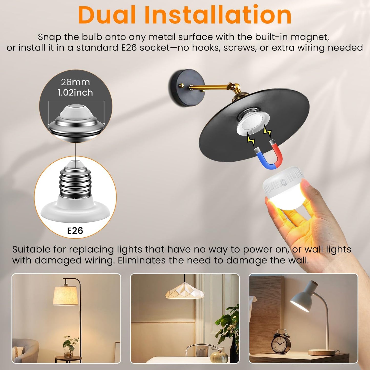 SCOPOW 2Packs E26 Rechargeable Light Bulbs with Remote Control, 5W 350lm Magnetically Battery Operated Light Bulbs 2000mAh, 3 Color Temperature, Timer, Dimmer for Non-Hardwired Lamp