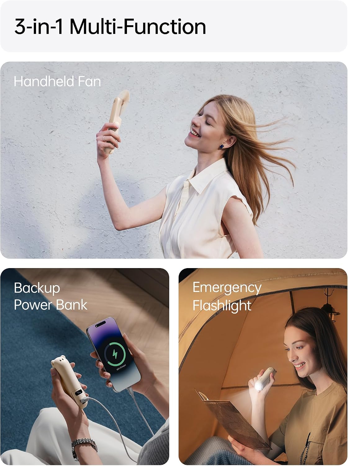 JISULIFE Portable Handheld Fan, 3 In 1-Fan, Power Bank, Flashlight, Brown | Mini Cooling Essential for Outdoor, Small, On-the-Go Pocket Hand Design, 24 Hours, Auto Shut-Off Safety Soft Blade