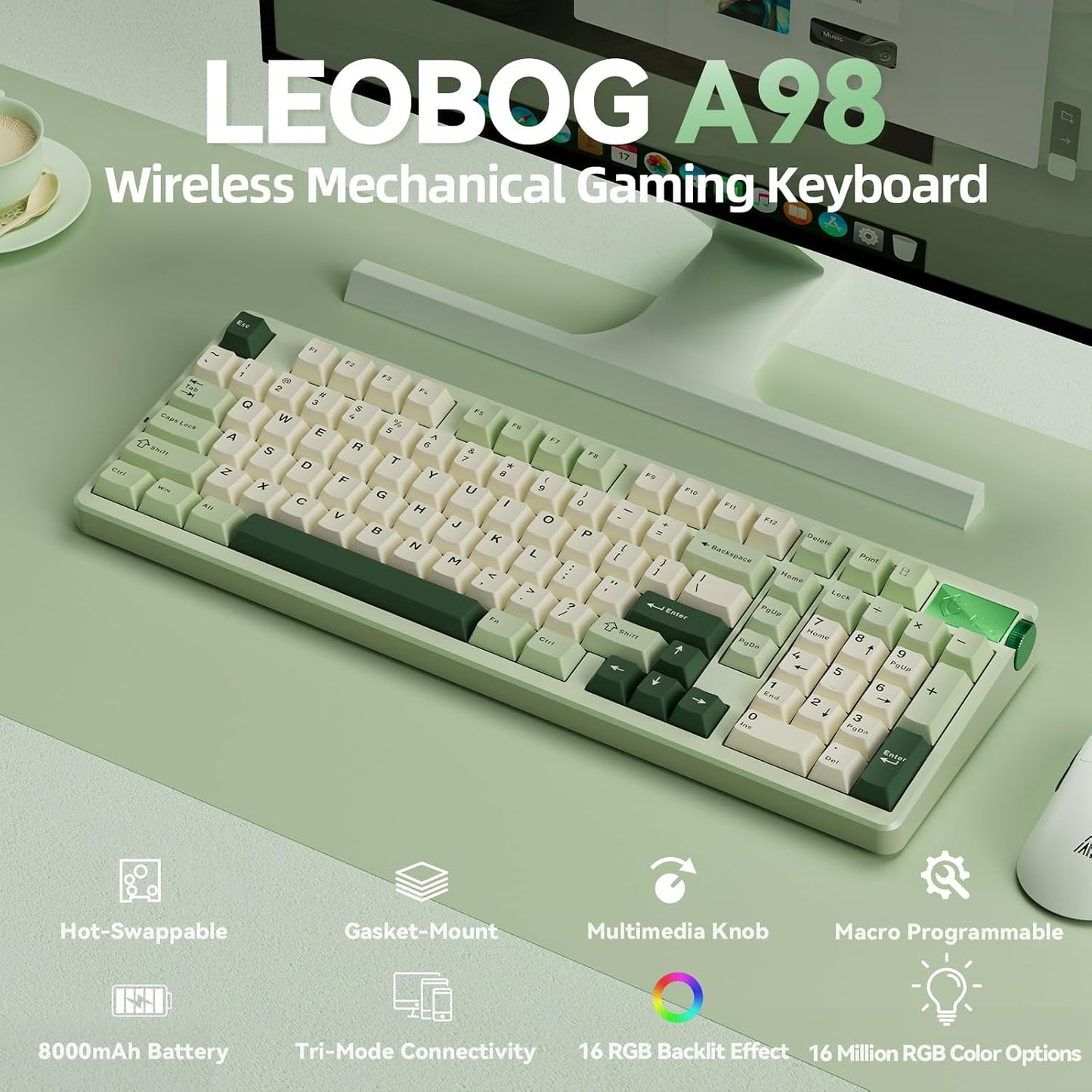 CORBOBO LEOBOG A98-96% Mechanical Keyboard Wireless, Tri-Mode BT5.0/2.4GHz/USB-C, Creamy Keyboard with Number Pad, Gasket Structure Hot Swappable, RGB Backlit Green Gaming Keyboards with Knob for PC