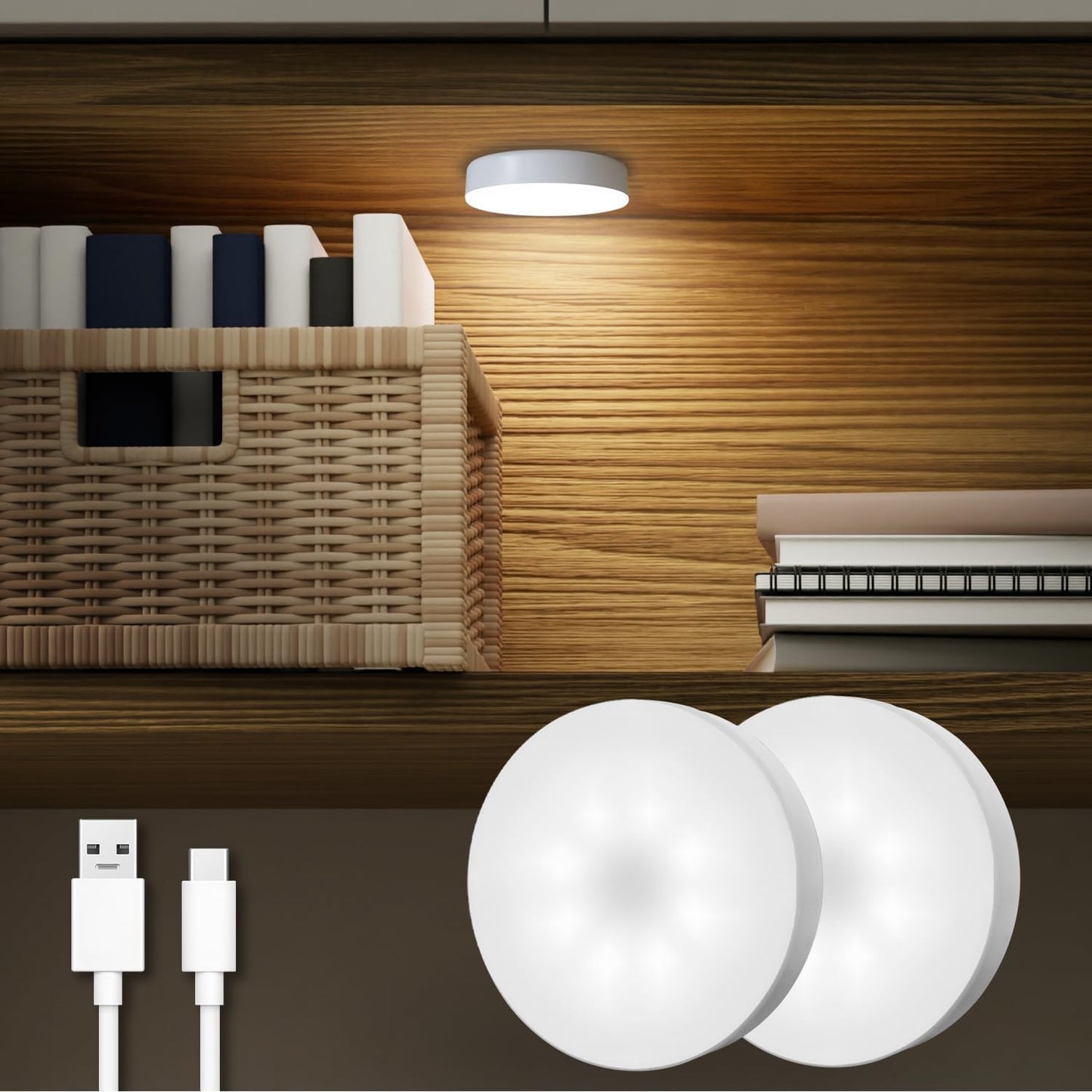 DAZZY DOT Rechargeable Puck Lights 2-Pack, Magnetic Tap Light, Cool White | Dimmable touch control, magnetic & adhesive mounting, 1000mAh rechargeable battery, 8 LED beads, brightness memory