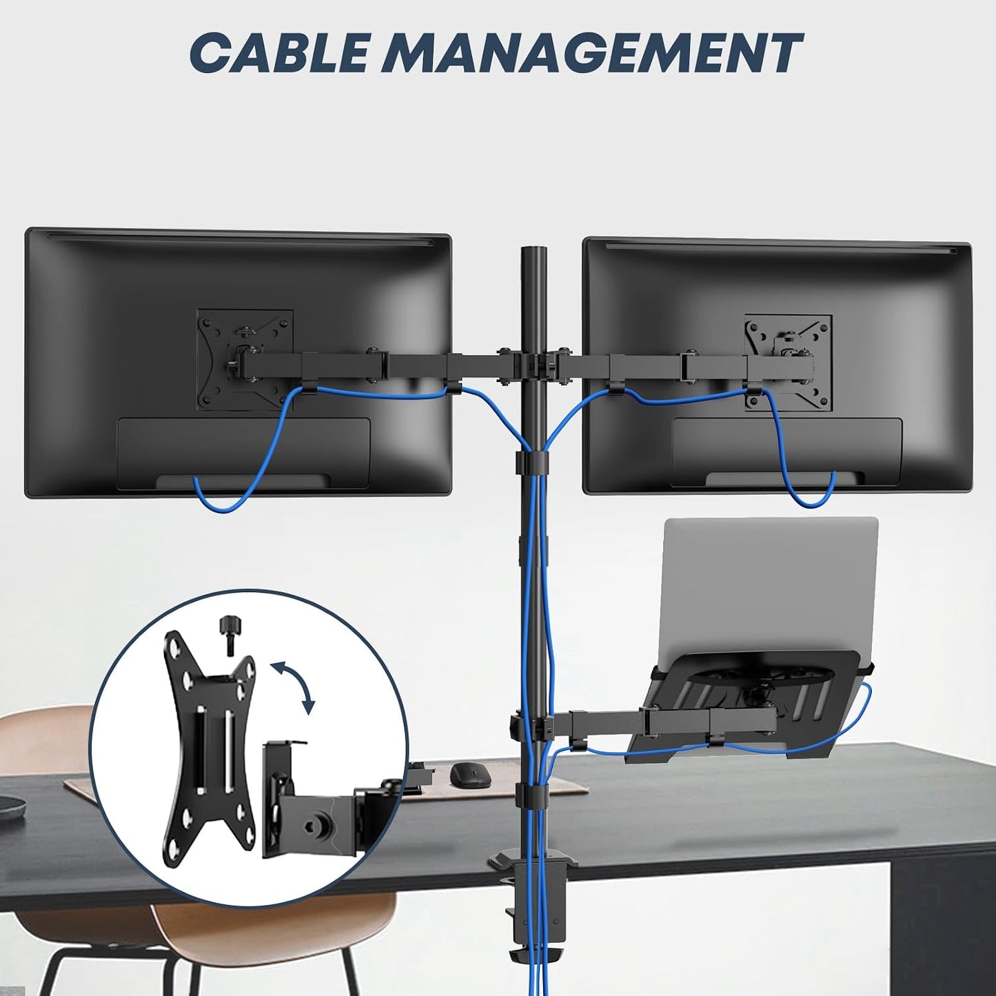 Dual Monitor Stand and Laptop Mount, Fits 32" Monitor &amp; 15" Laptops | Extra Tall Adjustable Stand Holds 19.8 lbs per Arm, Sturdy C-clamp/Grommet Base, Egonomic Setup for Home Office,Black