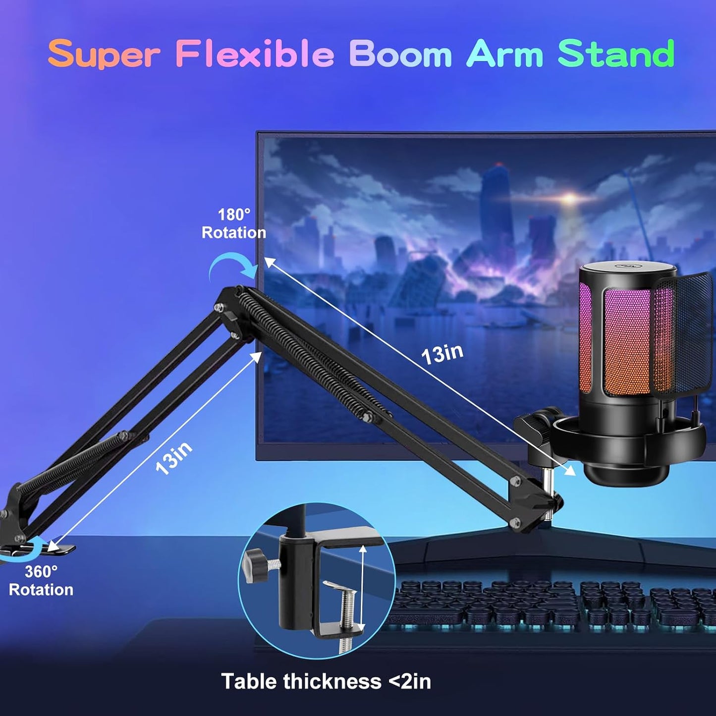 KingSom Gaming USB Microphone,Noise-Canceling Condenser Mic with Boom Arm | Podcast Microphones RGB Computer Mic,Streaming Microphone with Pop Filter, Mute Button,Gain for Recording,Discord,YouTube