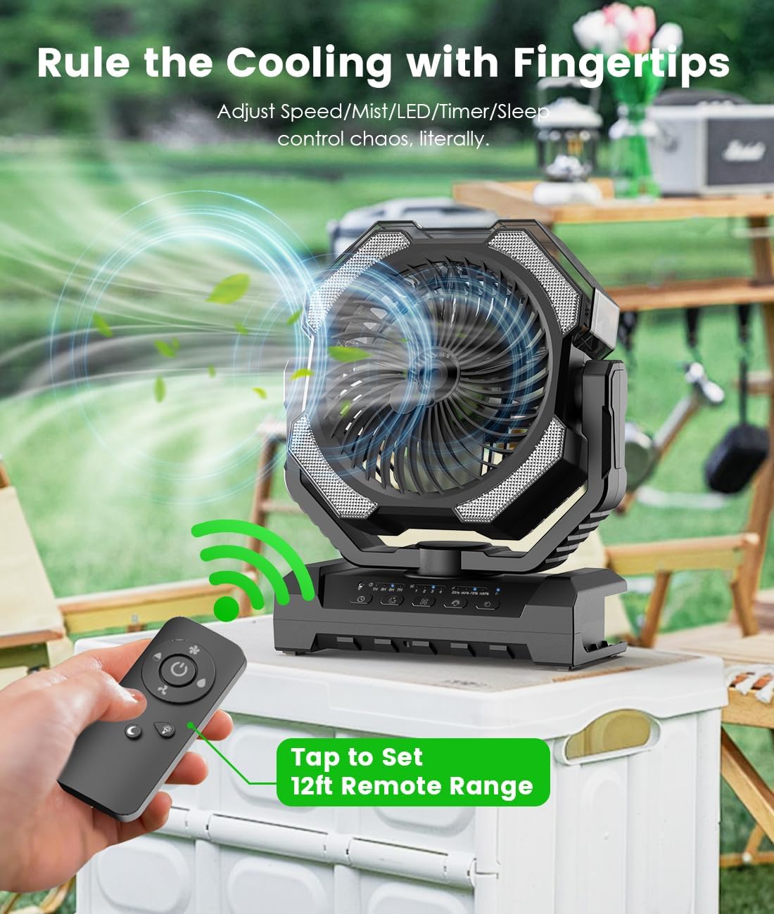 Camping Misting Fan - Portable Rechargeable Fan with 8.9oz Tank, Light, Hook - Battery Power 120H MAX Working, Fast Cooling, 4 Speed, Timer, Sleep Mode, for Outdoor, Travel, Patios, Beach