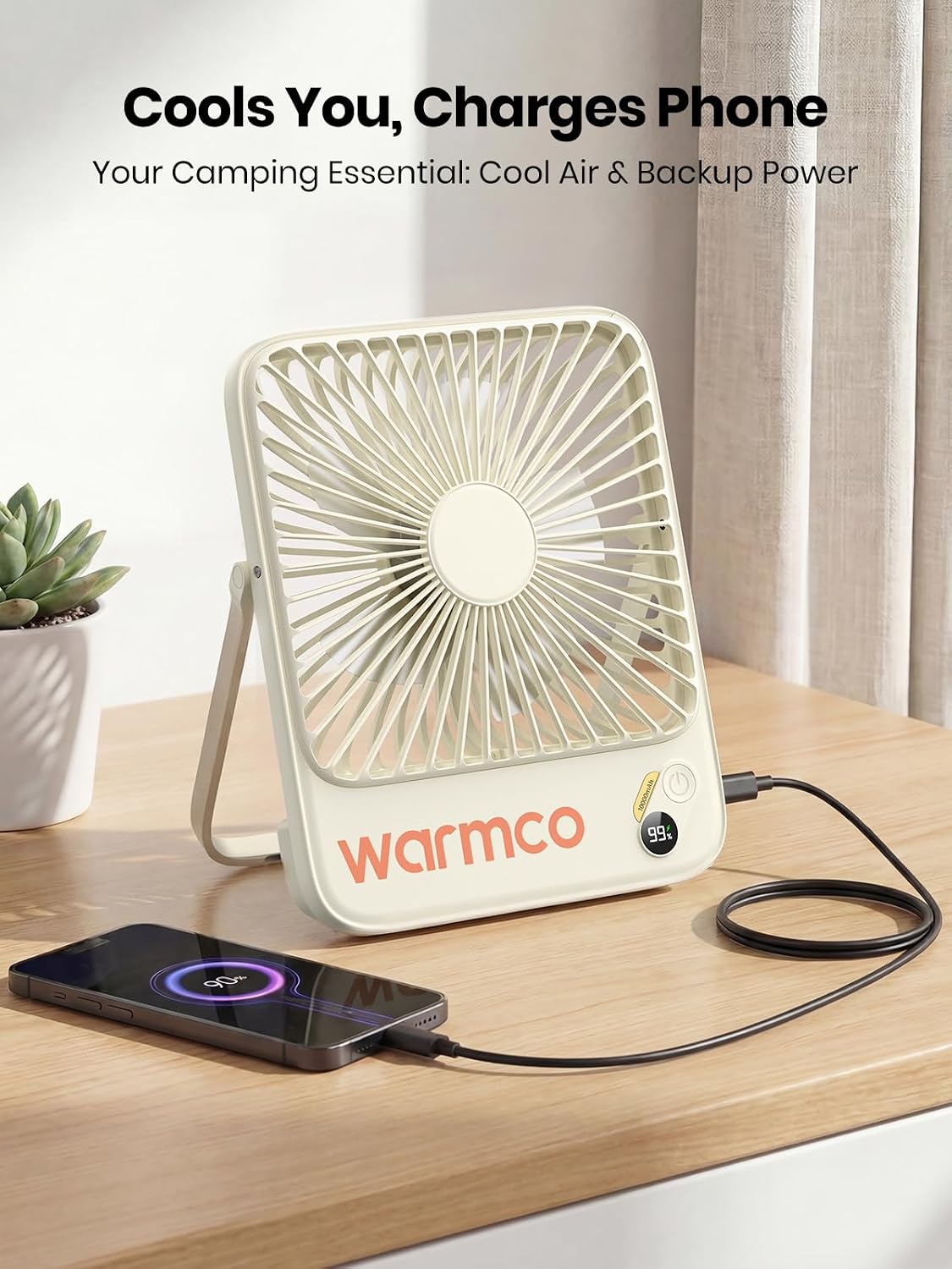 Warmco D3 Portable Travel Fan 10000mAh, Ultra-Slim, 24H Runtime | Quiet 7-Inch Rechargeable Desk Fan, Digital Display For Sleeping, Office, Bedroom & Cruise