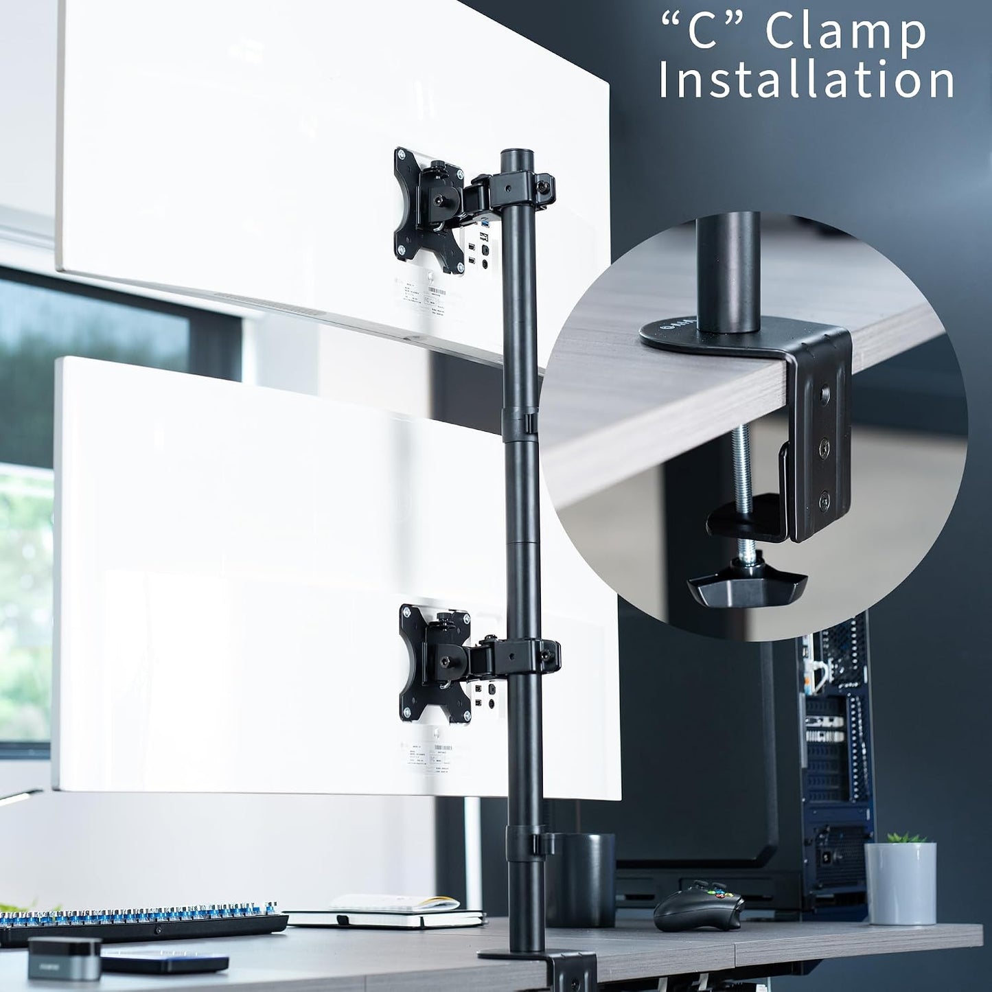 VIVO Dual Vertically Stacked Ultra-Wide Monitor Desk Mount, Extra Tall Heavy Duty Adjustable Stand for 2 Ultrawide Screens up to 45 inches, 25 lbs Per Screen Capacity, Black, STAND-V200R