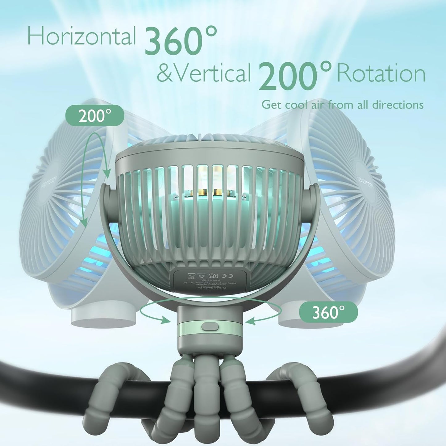Momcozy 8000mAh Portable Stroller Fan, 27H Ultra-long Battery Life | Detachable 4 Speed 360°Rotate LED Night Light with 2 Modes, USB Rechargeable Handheld Cooling Fan for Travel/Car Seat/Bedroom