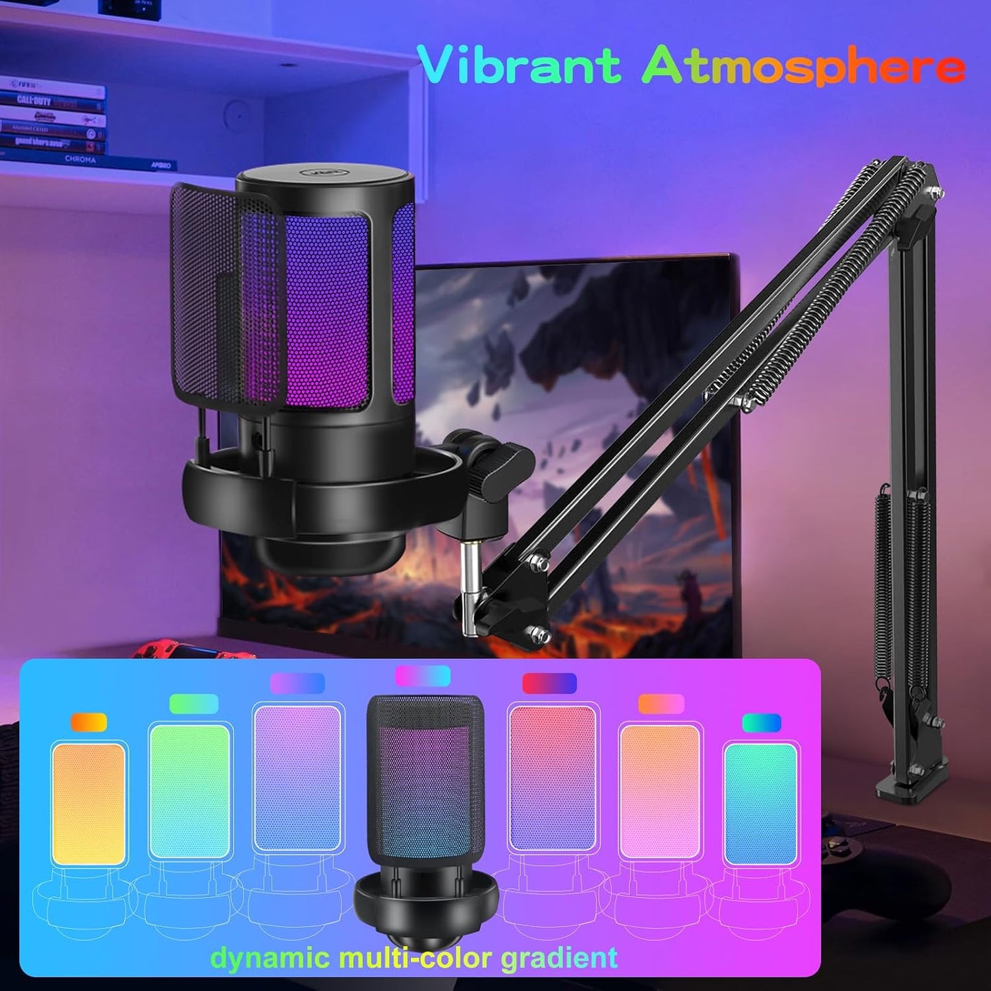 KingSom Gaming USB Microphone,Noise-Canceling Condenser Mic with Boom Arm | Podcast Microphones RGB Computer Mic,Streaming Microphone with Pop Filter, Mute Button,Gain for Recording,Discord,YouTube