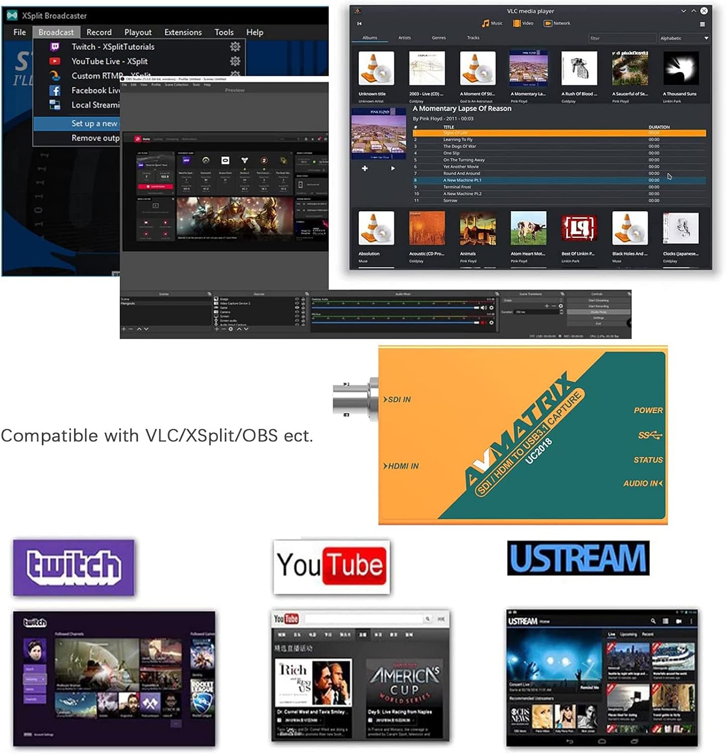 UC2018 HDMI/SDI Video Capture Card with USB 3.0 Type-C 1080P 60FPS Uncompressed Transmission Speed Automatic Input Signal Detection for Live Streaming