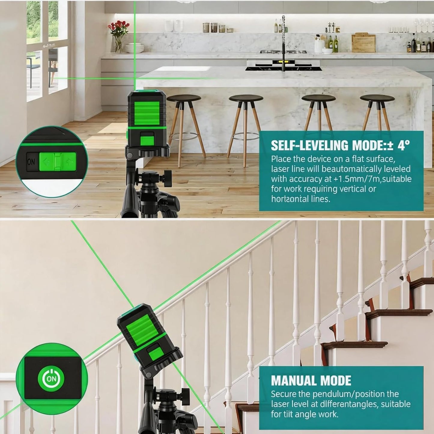 Laser Level with Tripod, 100Ft Green Cross Line Rotary Laser Tool | Rotatable 360 Degree, Manual Self leveling and Pulse Mode,IP54 Waterproof & Battery for Indoor/Outdoor Use