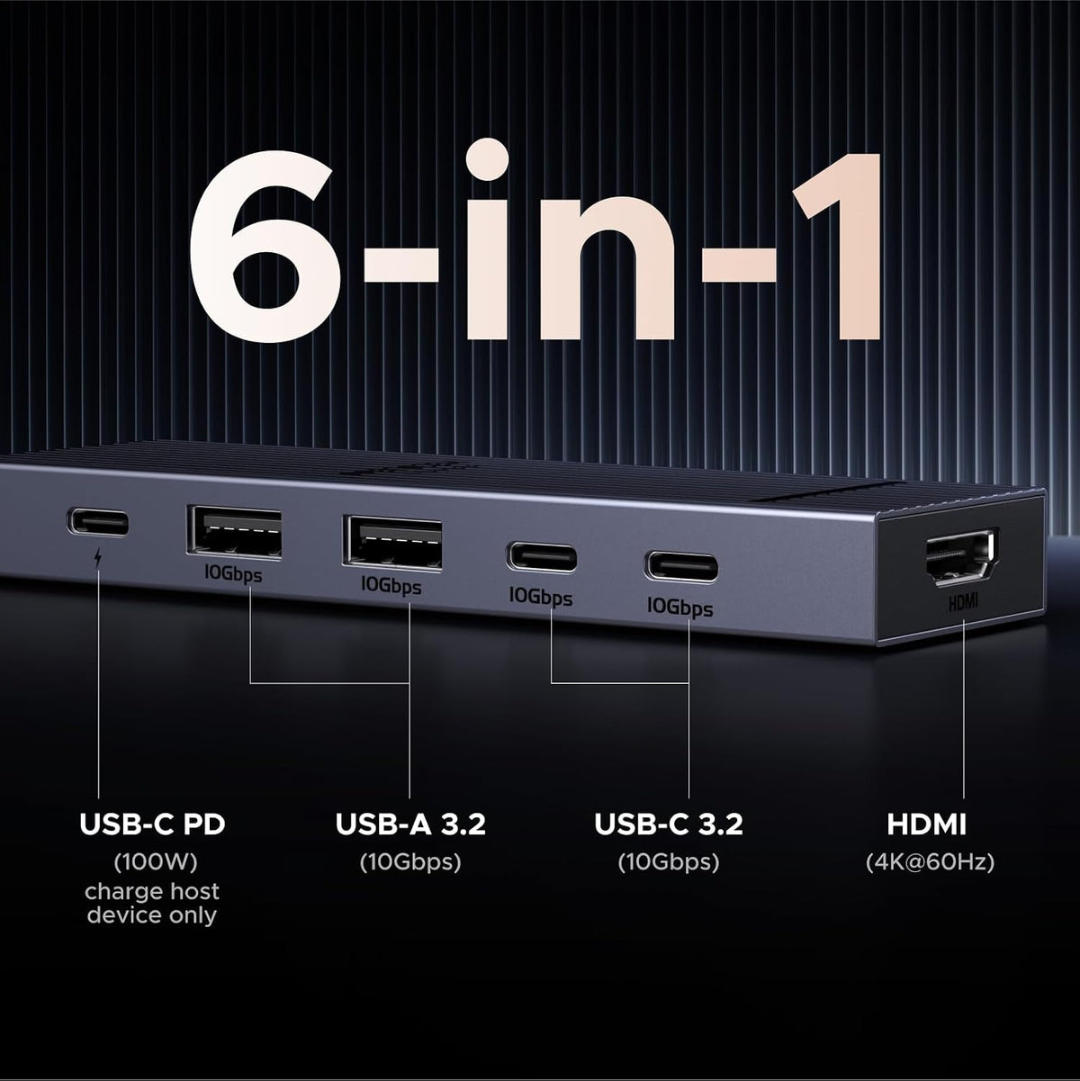 UGREEN Revodok Pro USB-C Hub 6 in 1 10Gbps 4K 60Hz HDMI | 100W PD charging, compatible with MacBook Neo/Pro/Air, iPad Pro, Thinkpad Rog Ally and More