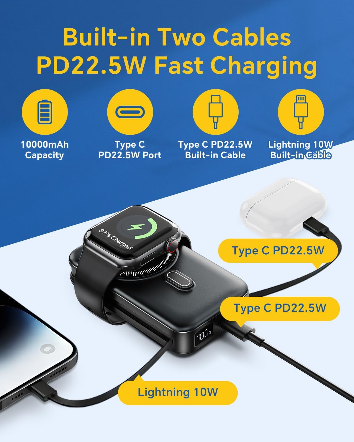 DR.HILL Magnetic Battery Pack Real Capacity 10000mAh, 22.5W Fast Charging Portable Charger with Built-in Cables & AC Wall Plug, Foldable Stand Power Bank for Apple Watch Phone 17/16/15/14/13 (Black)