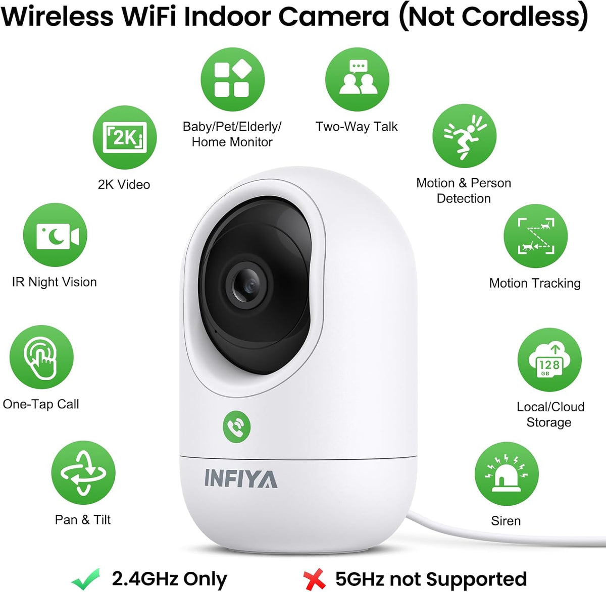INFIYA 2K Indoor Camera-One-Touch Call Baby/Elderly Monitor Pet Camera 360° PTZ & Intelligent Tracking for Home Security, Compatible with Alexa/Google Home(2.4GHz WiFi Only) - K7 2P