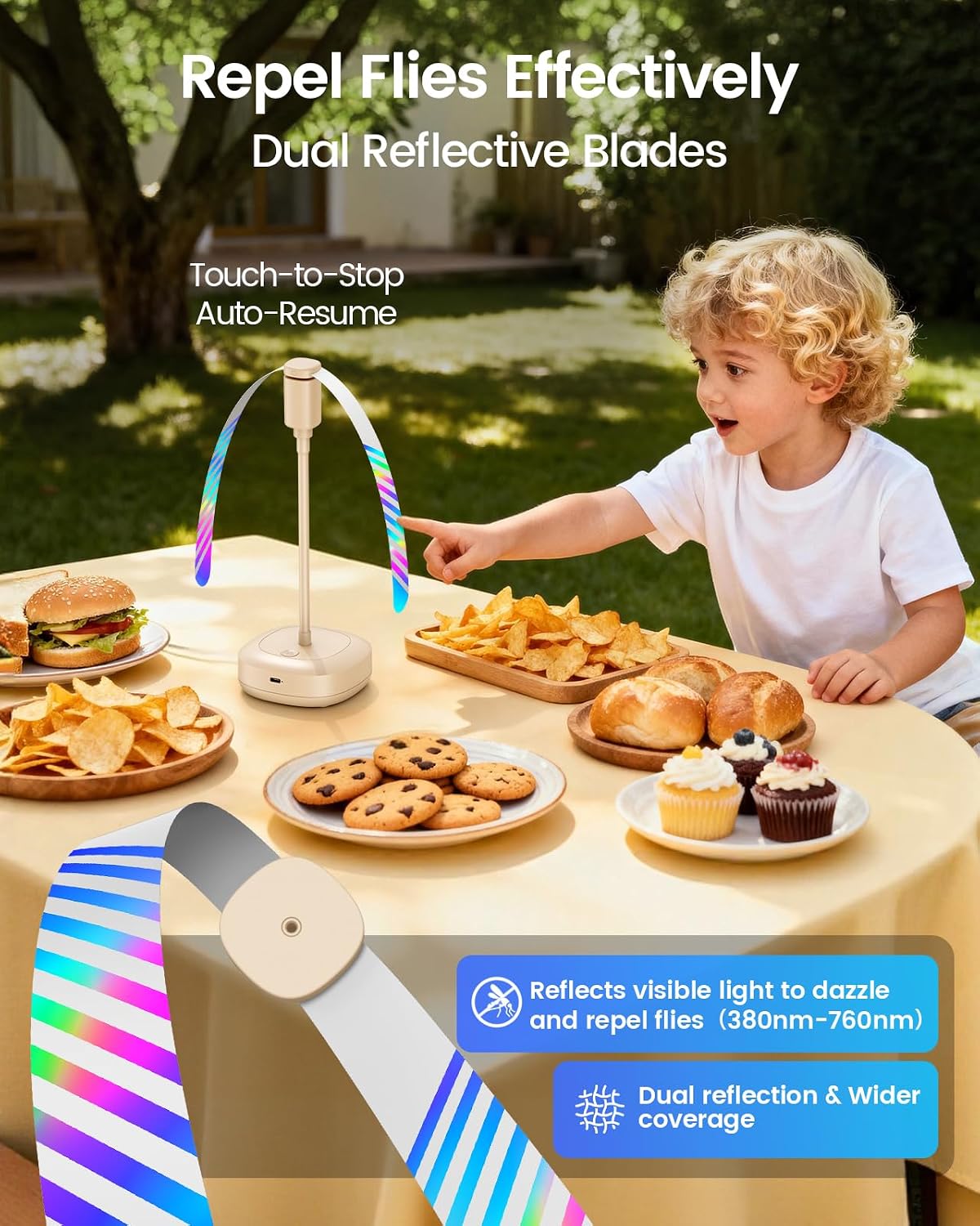 Edvision Fly Fans for Tables, 2000mAh Rechargeable Food Fan, 20H Runtime | Flexible Neck for 360° Coverage, Quiet Table Fan with Soft Safety Blades, Ideal for Party, Picnic, BBQ, Indoor & Outdoor Use