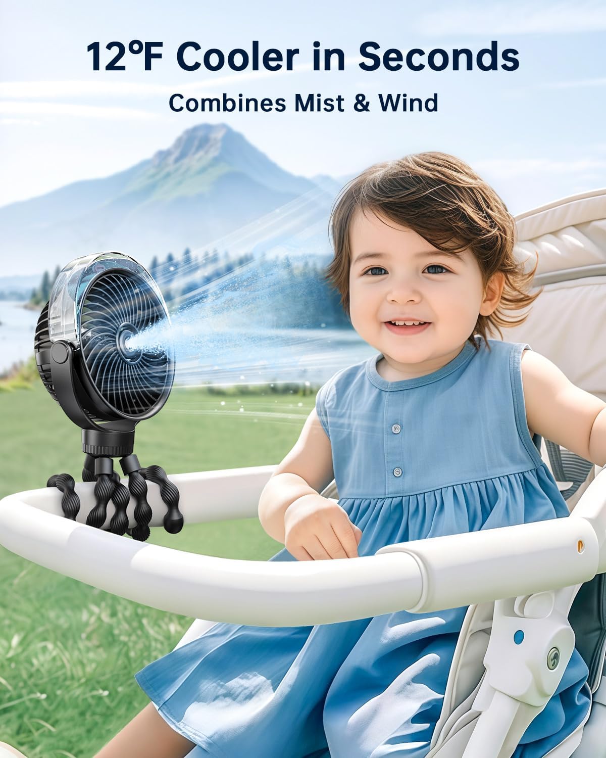 SWEETFULL Misting Stroller Fan – Portable Baby Fan with Spray Cooling, 4 Speeds, Quiet Rechargeable Fans for Travel, Outdoor, Golf Cart, Car Seat, Beach (Black)