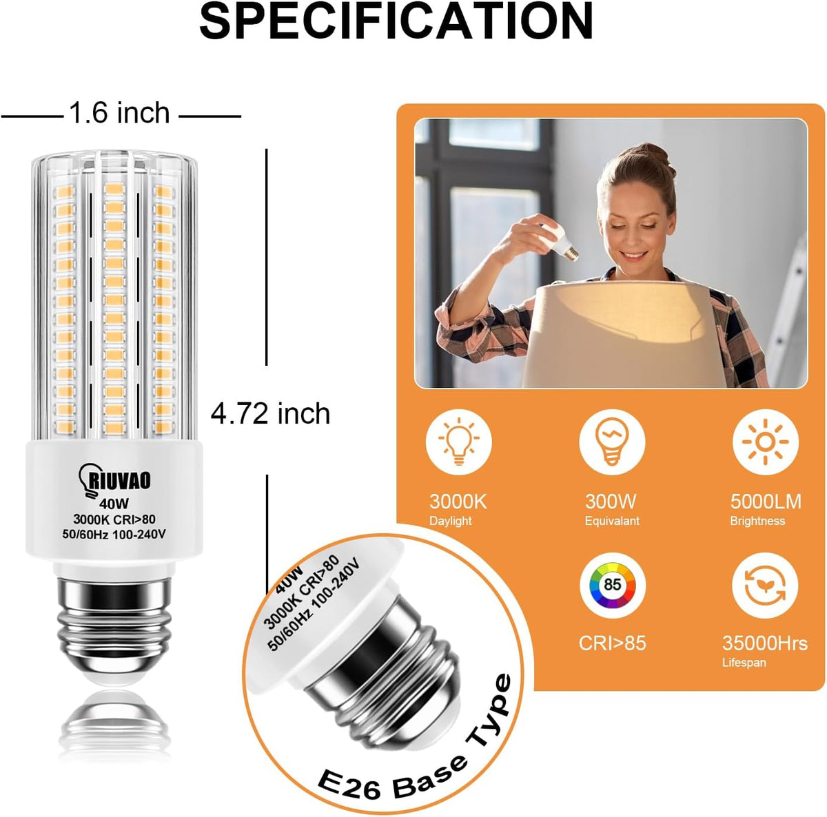 RIUVAO 4pcs LED Light Bulb 5000LM 300w Equivalent Super Bright 3000K Warm Daylight White 40W LEDs Bulb E26/E27 Medium Base for Outdoor Indoor Home Garage Backyard LED Corn Light Bulb