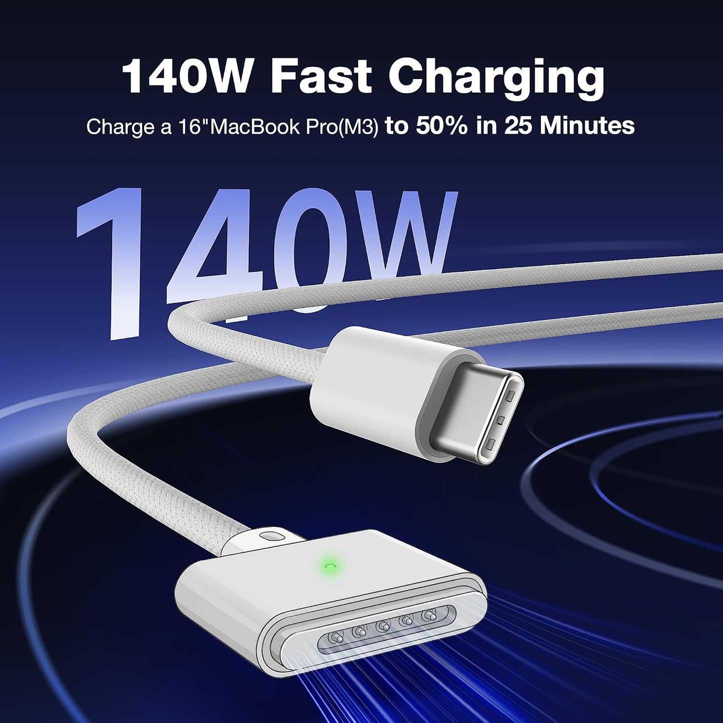 Hugener Magnetic 3 Cable USB-C 6.6FT for MacBook Air Pro Charger, White | M5/M4/M3/M2 140W Cable for MacBook Air (13"/15" 2026/2025/2024/2023/2022), Pro (16"/14" 2026/2025/2024/2023/2021)