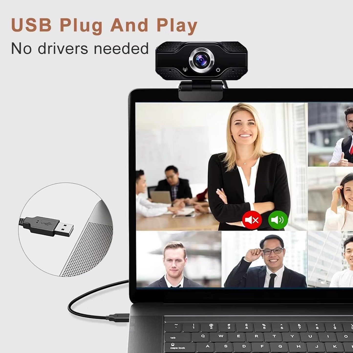 1080P HD Webcam with Microphone, Noise Cancellation, Privacy Cover, Wide-Angle Lens, Auto Light Correction, Plug & Play USB Webcam for Laptop, Desktop, PC, Zoom, Skype, Stream