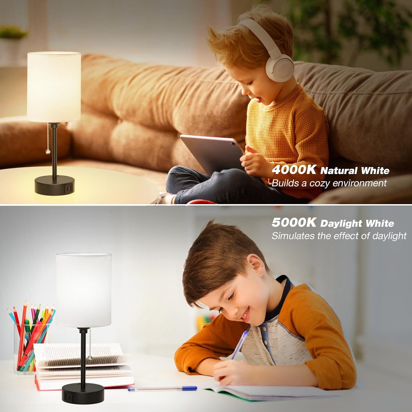 Dicoool Bedside Table Lamp for Bedroom - Small Desk Lamp with USB Ports | USB A+C Ports, AC Outlet, 3 Color Temperatures, LED Bulb Included, White Fabric Shade, Black Metal Base, 14" Nightstand lamp