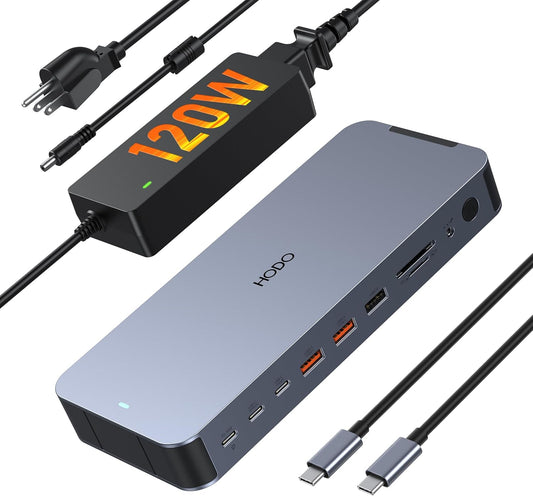 Laptop Docking Station with 120W Power Adapter,Docking Station Dual Monitor | USB C Docking Station 3 Monitors 18 in 1 USB C Hub Adapter to 2HDMI+DP,10G USB-A/C,Ethernet,SD/TF,Screen Button for Dell,HP