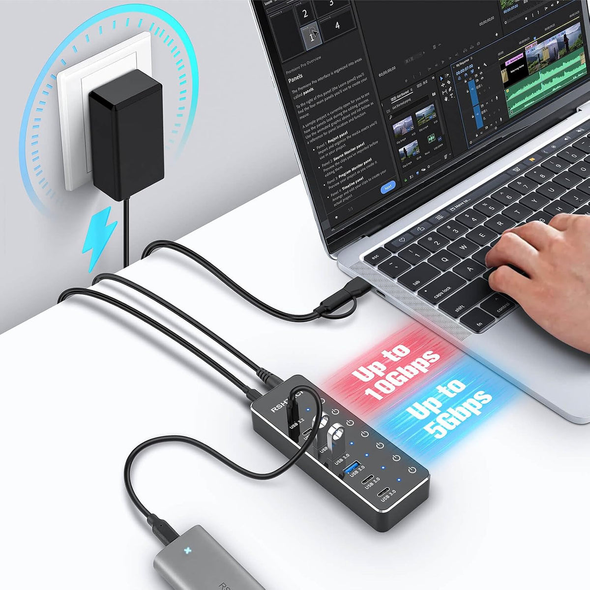 RSHTECH 7-Port Powered USB-C/USB 3.2 Data Hub Splitter, RSH-ST07C-4
