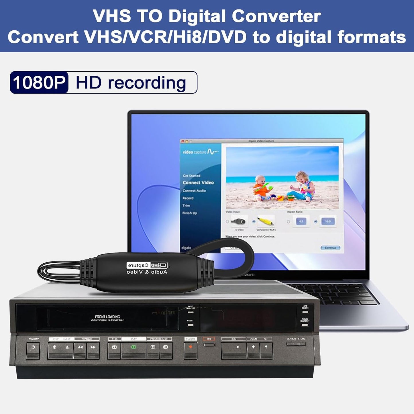 VHS to Digital Converter 1080P,USB Video Capture Card Device,RCA to USB,Video Converter for VHS VCR Hi8 Mini DV to Digital,for Tape Player Camcorder PC TV DVD Mac OS Windows