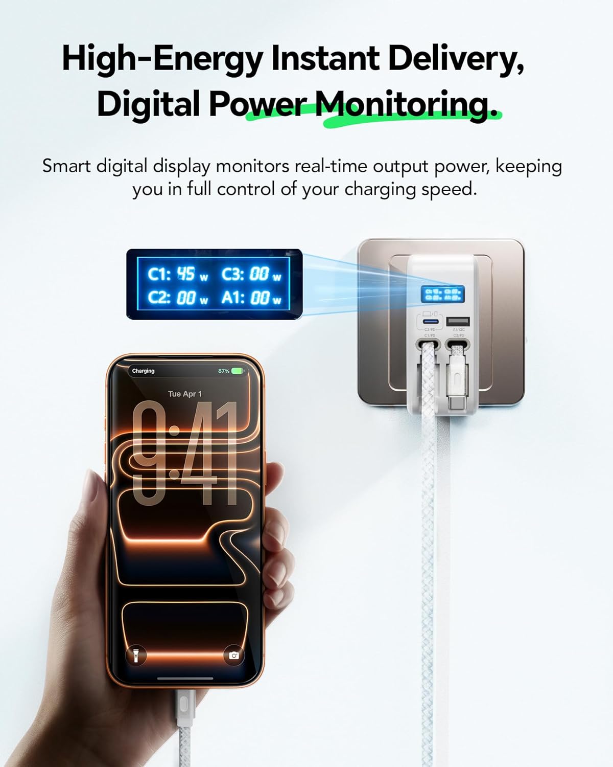 HATALKIN 67W Retractable USB-C Wall Charger, 4-in-1 with Dual USB-C Cables | Smart Display Charger,Fast Charging,Retractable Charger,Foldable Plug,Multi-Device,Travel Use,For Mac/iPhone/Samsung, Light