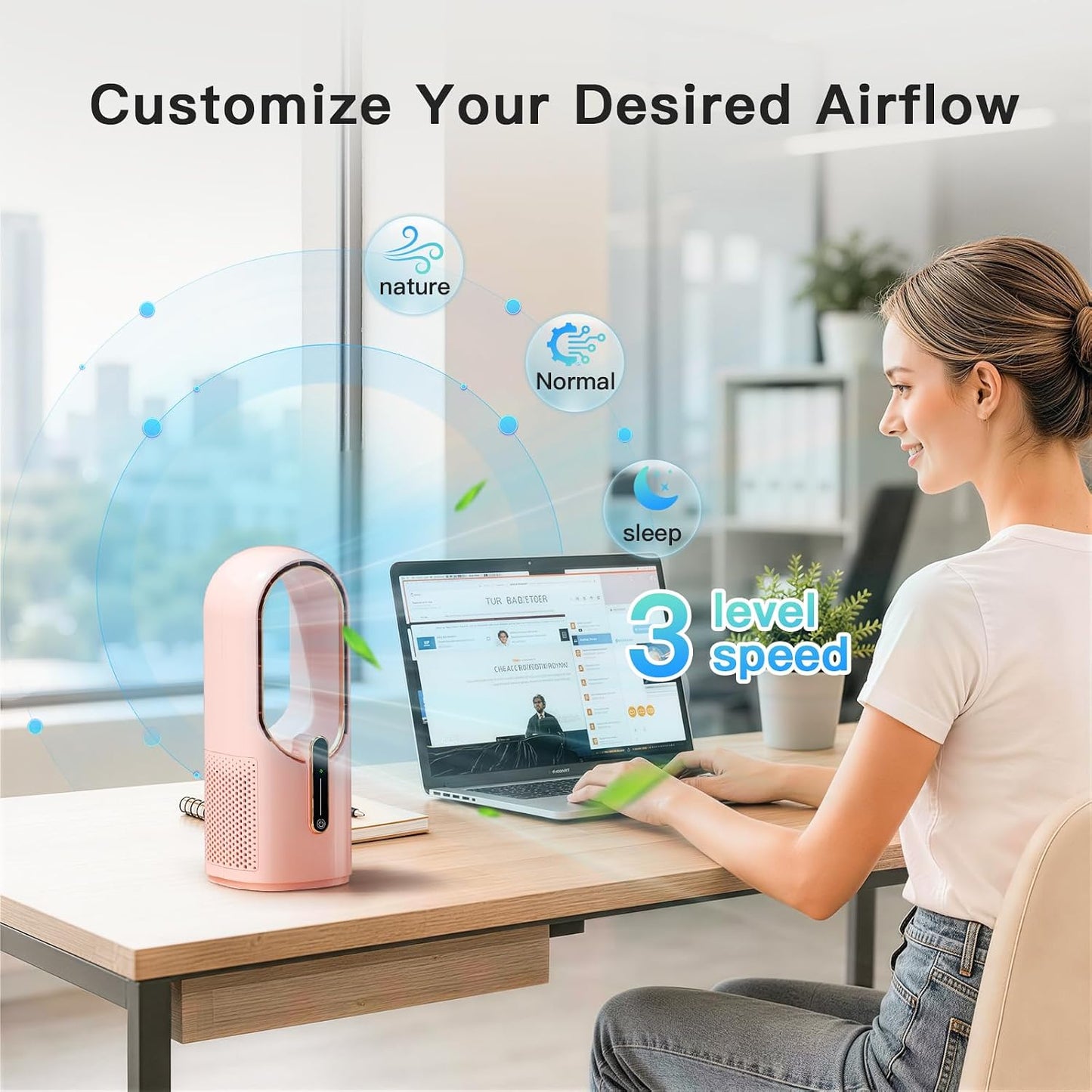 KONSIDEN Desk Fan Bladeless, 11.8 Inch Office Fan Small, Quiet, 3 Speed Adjustment, Touch Control, Easy to Clean, Desk Fans Small Quiet, Ideal for Office, Living Room, Bedroom