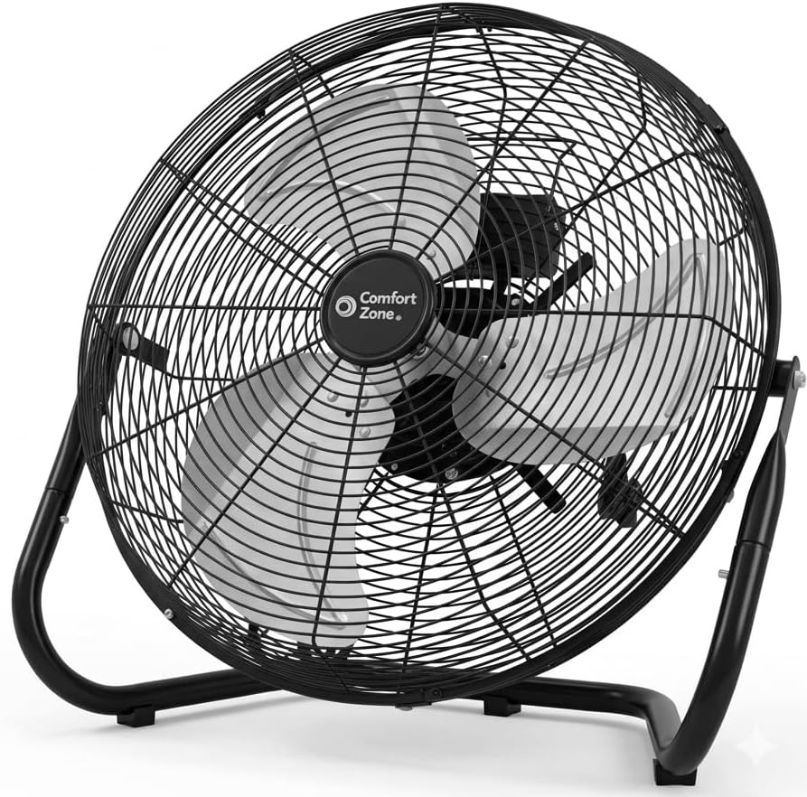 Comfort Zone Cradle Floor Fan, Electric, High-Velocity,180 Degree Adjustable Tilt, 18 inch, 3 Speed, Carry Handle, Rubber Feet, Metal, Airflow 19.36 ft/sec, Ideal for Garage or Workshop, CZHV18BK