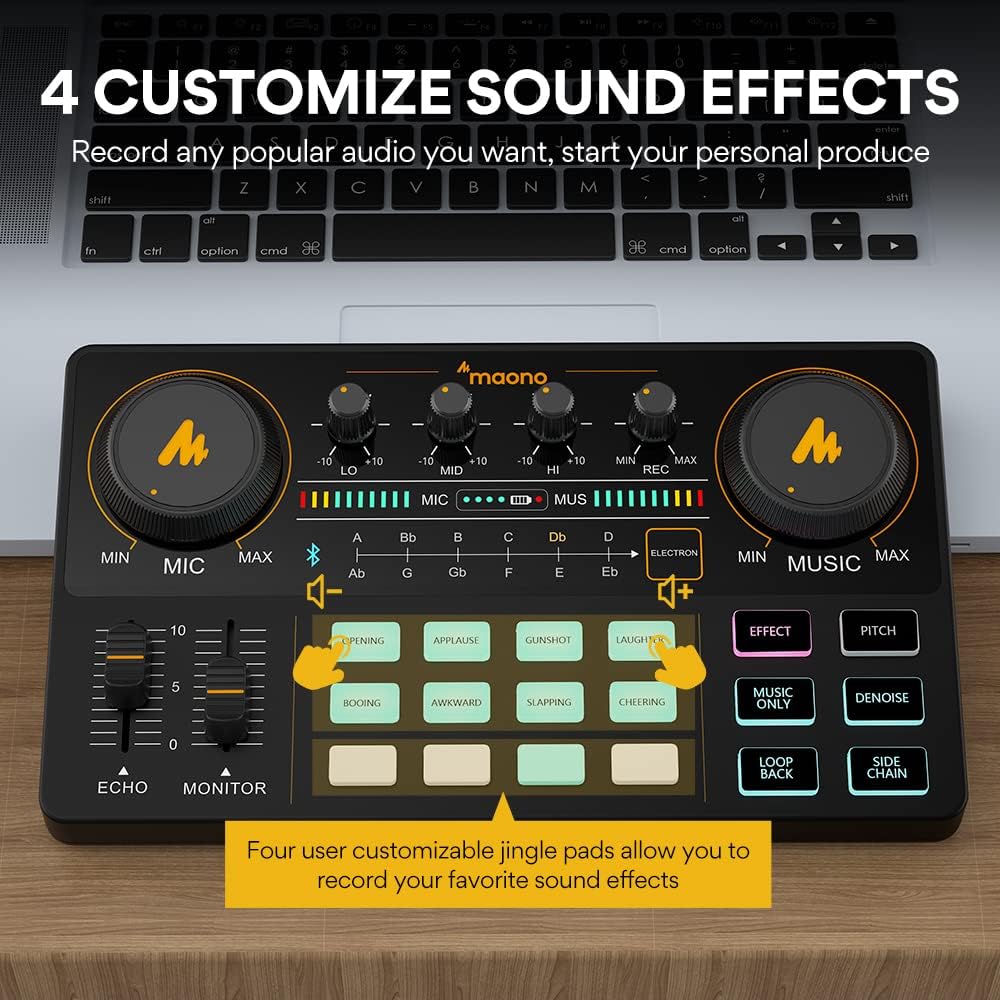 MAONO Podcast Equipment Bundle with Audio Mixer & 3.5mm Mic for Streaming | All-in-one audio production, PC and smartphone-compatible, 4 custom soundpads, for creators, home podcast setup AU-AM200-S1