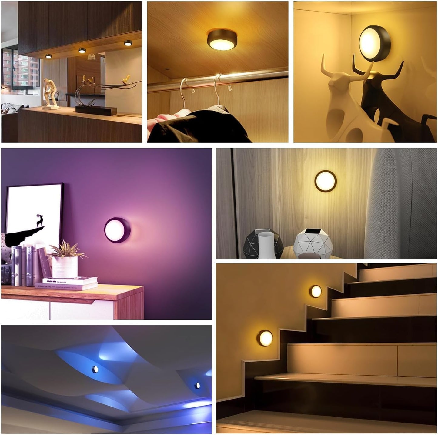 BLS LED Puck Lights with Remote Control, Wireless Under Cabinet & Closet Lighting, RGB 13 Color Changing Lights with Dimmer, Timer & AA Battery Operated, Push, Touch, Stick on for Night, Black, 6 Pack