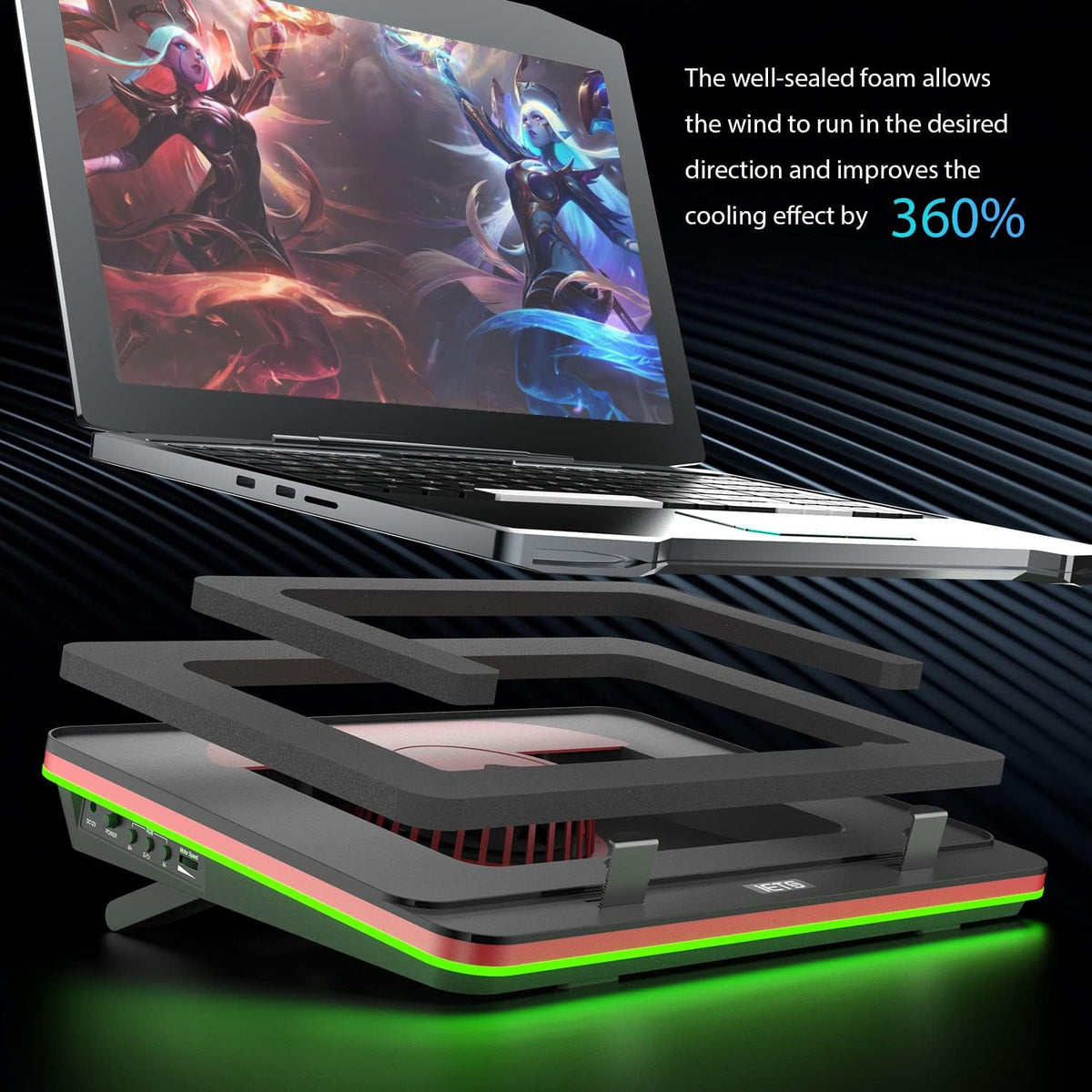 IETS GT500 Powerful Turbo-Fan (5000 RPM) RGB Laptop Cooling Pad with Infinitely Variable Speed,Seal Foam for Rapid Cooling Gaming Laptop,Dust Filter for Protect Laptop,13-17.3inch Laptop Cooler