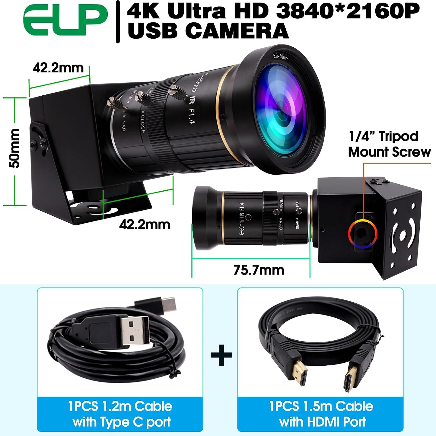 ELP 4K HDMI USB Camera Manual Zoom Webcam Dual Output Telephoto Camera for Computer TV Projector 5-50mm 10X Zoom Camera Mini Lightburn Camera Industrial USB Security Camera for Laptop Pi Jetson Nano