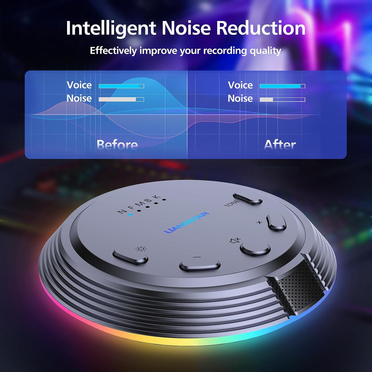 LIANGSTAR Gaming USB Microphone with 5 Voice Changes, Mute Button, Desktop Podcast Mic, Volume Control, RGB Condenser Computer Microphone for PC Gamer, YouTube, Streaming, Conference, Class