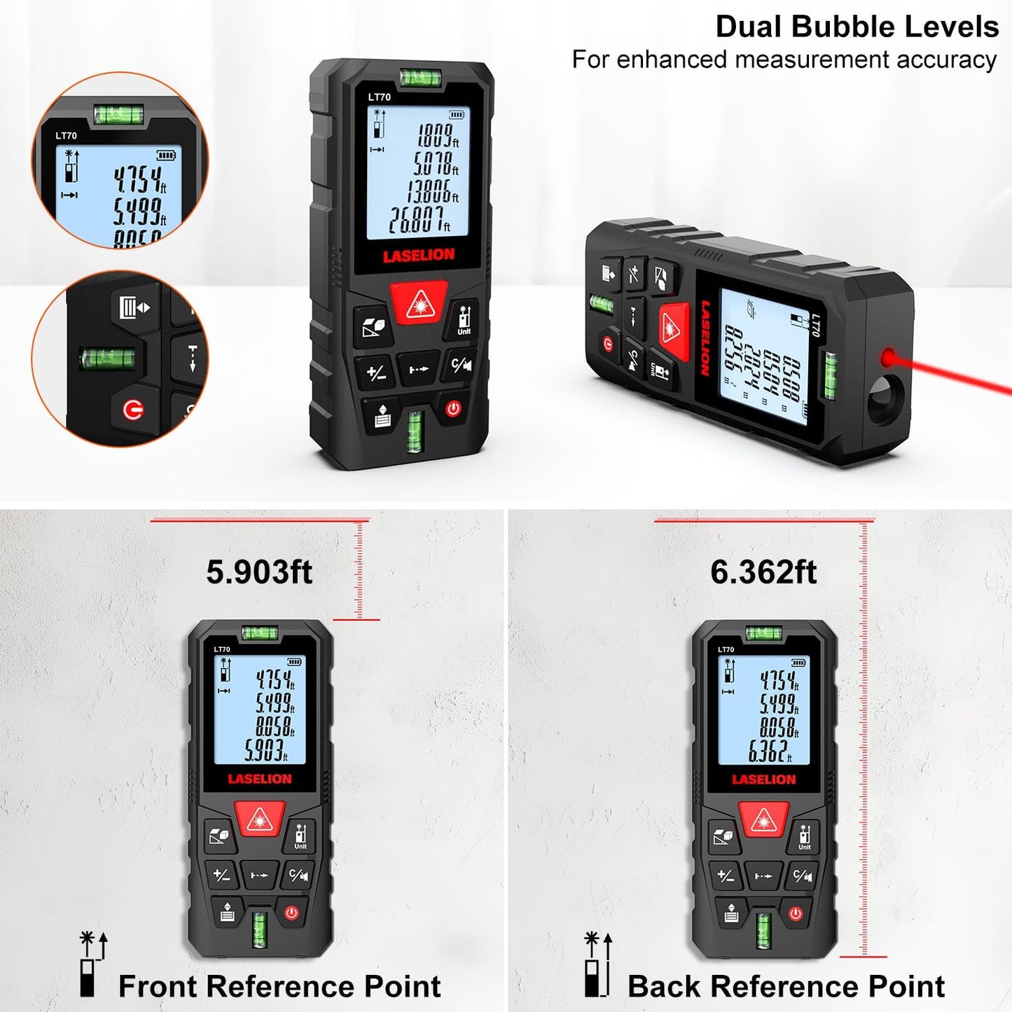 LT70 Laser Measure, 229ft/70m Laser Measurement Tool, with 2 Bubble Levels, Measuring Tool 4 Units Conversion、LCD Backlit Display, IP54 Waterproof, Pythagorean Mode for Distance, Area, Volume