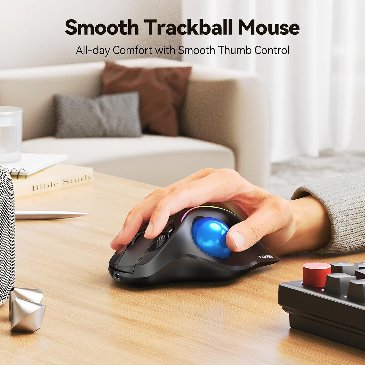 TECKNET Wireless Trackball Mouse, Bluetooth Mouse with Ergonomic, Black | 3-Device Connectivity (Bluetooth & 2.4G), 5 Adjustable DPI, RGB Lighting, PC, Mac & Laptop Compatible